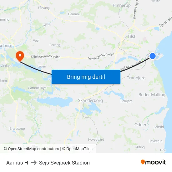 Aarhus H to Sejs-Svejbæk Stadion map