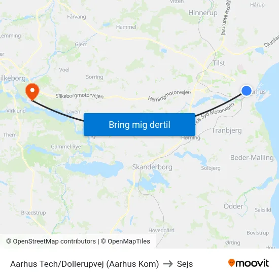 Aarhus Tech/Dollerupvej (Aarhus Kom) to Sejs map