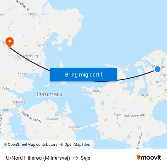 U/Nord Hillerød (Milnersvej) to Sejs map