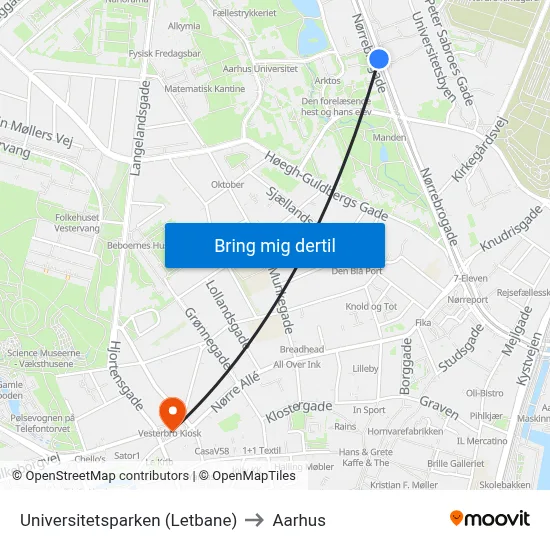 Universitetsparken (Letbane) to Aarhus map