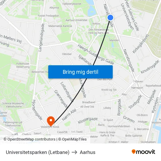Universitetsparken (Letbane) to Aarhus map
