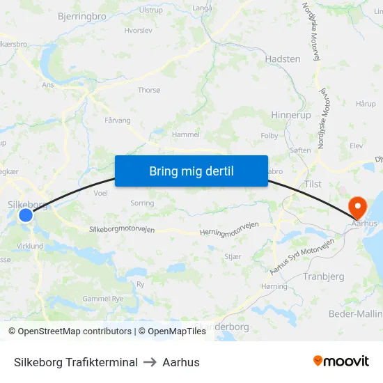 Silkeborg Trafikterminal to Aarhus map