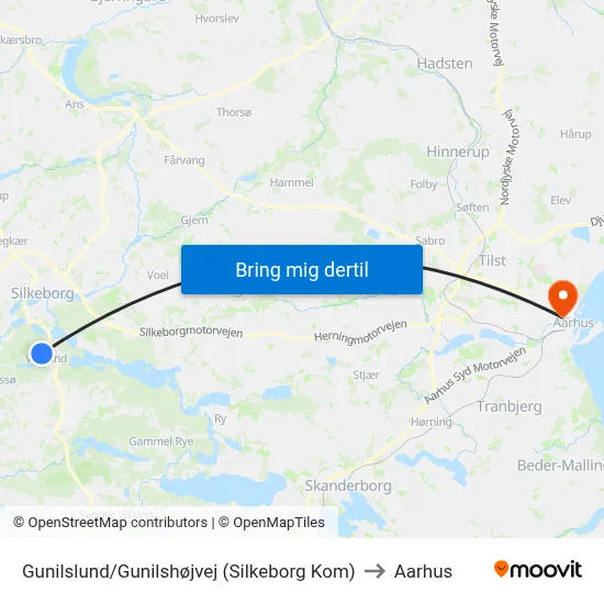 Gunilslund/Gunilshøjvej (Silkeborg Kom) to Aarhus map
