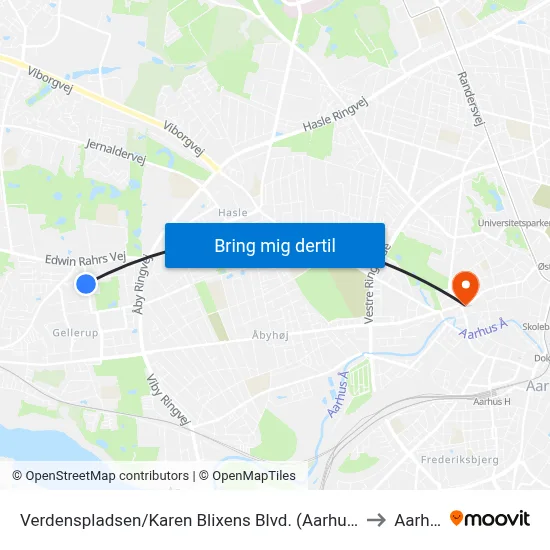 Verdenspladsen/Karen Blixens Blvd. (Aarhus Kom) to Aarhus map