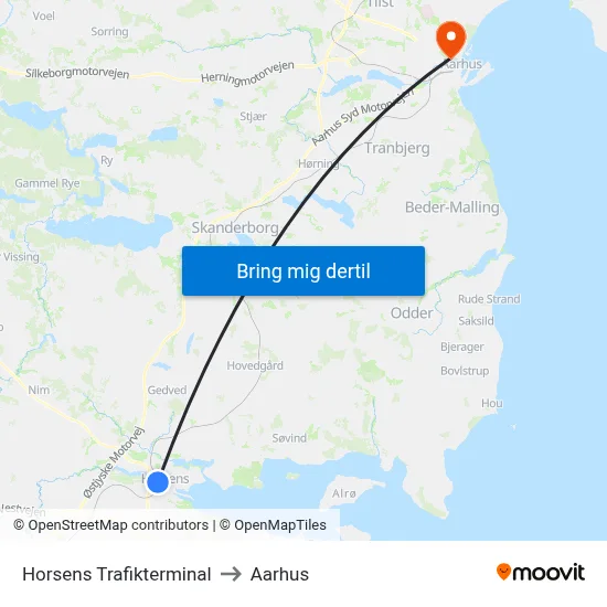 Horsens Trafikterminal to Aarhus map