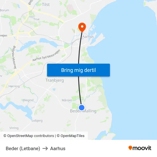 Beder (Letbane) to Aarhus map