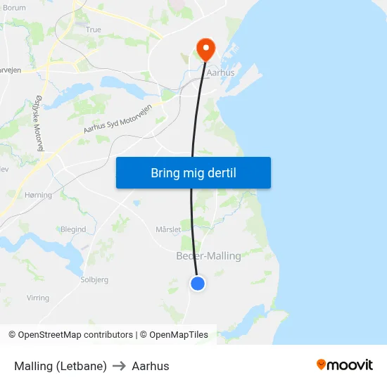 Malling (Letbane) to Aarhus map