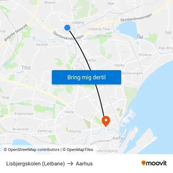 Lisbjergskolen (Letbane) to Aarhus map