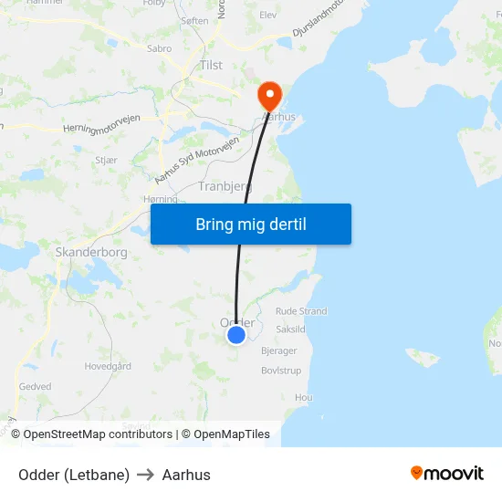 Odder (Letbane) to Aarhus map