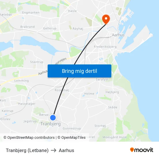 Tranbjerg (Letbane) to Aarhus map