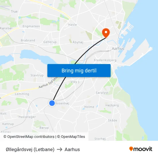 Øllegårdsvej (Letbane) to Aarhus map