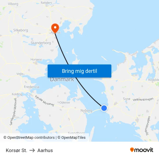 Korsør St. to Aarhus map