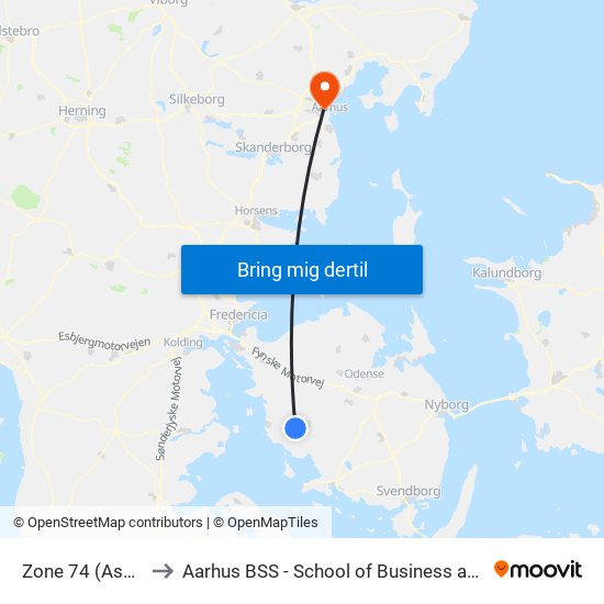 Zone 74 (Assens Kommune) to Aarhus BSS - School of Business and Social Sciences, Aarhus University map