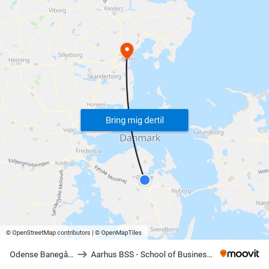 Odense Banegård (Odense Letbane) to Aarhus BSS - School of Business and Social Sciences, Aarhus University map