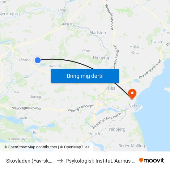 Skovladen (Favrskov Kom) to Psykologisk Institut, Aarhus Universitet map
