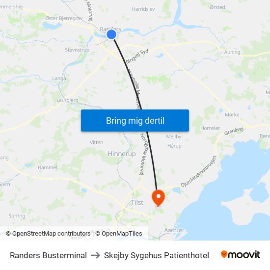 Randers Busterminal to Skejby Sygehus Patienthotel map