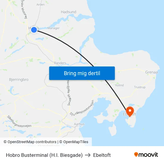 Hobro Busterminal (H.I. Biesgade) to Ebeltoft map