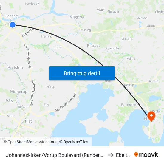 Johanneskirken/Vorup Boulevard (Randers Kom) to Ebeltoft map