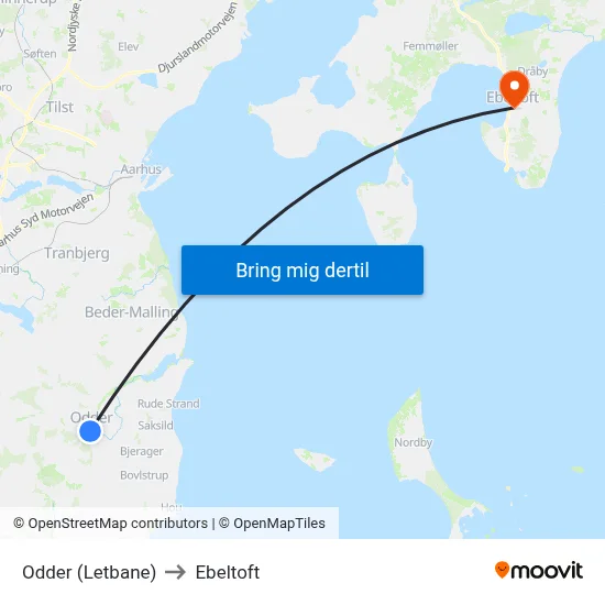 Odder (Letbane) to Ebeltoft map