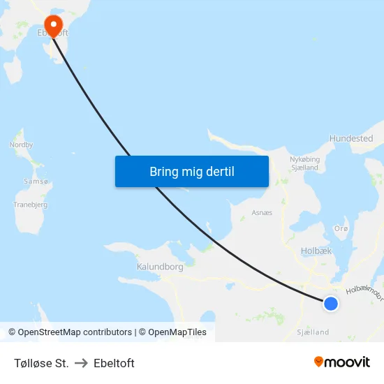 Tølløse St. to Ebeltoft map