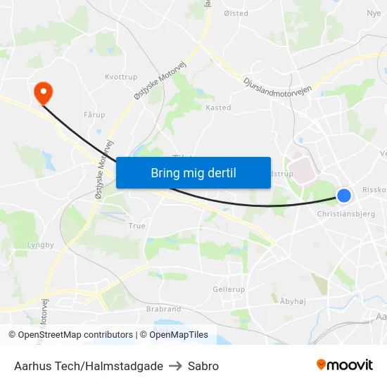 Aarhus Tech/Halmstadgade to Sabro map