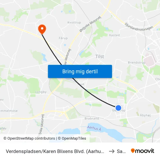 Verdenspladsen/Karen Blixens Blvd. (Aarhus Kom) to Sabro map