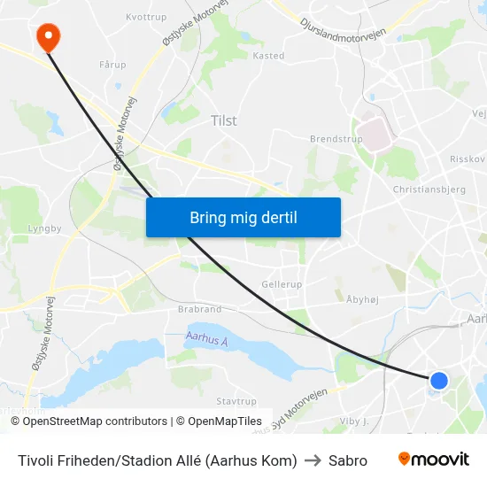 Tivoli Friheden/Stadion Allé (Aarhus Kom) to Sabro map
