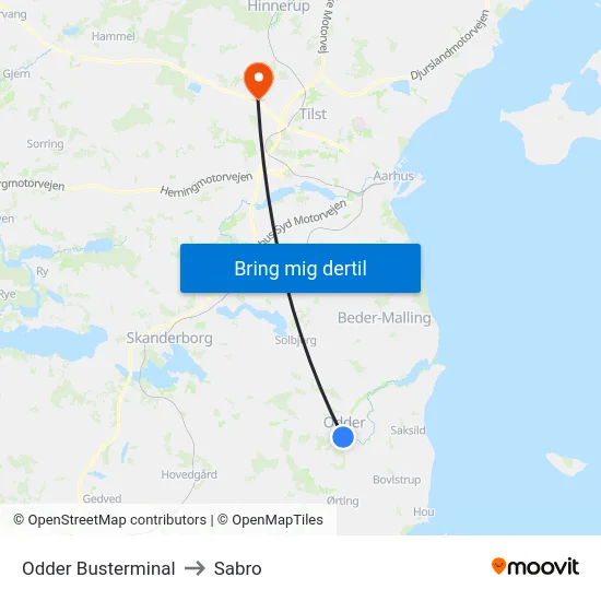 Odder Busterminal to Sabro map