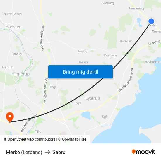 Mørke (Letbane) to Sabro map