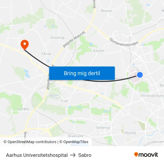Aarhus Universitetshospital to Sabro map