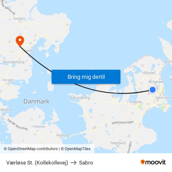 Værløse St. (Kollekollevej) to Sabro map