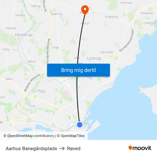 Aarhus Banegårdsplads to Røved map