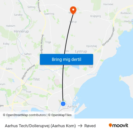 Aarhus Tech/Dollerupvej (Aarhus Kom) to Røved map