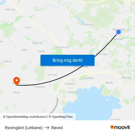 Ryomgård (Letbane) to Røved map
