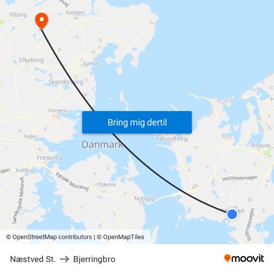 Næstved St. to Bjerringbro map