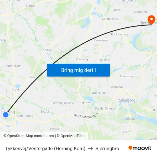 Lykkesvej/Vestergade (Herning Kom) to Bjerringbro map