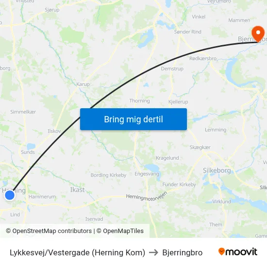 Lykkesvej/Vestergade (Herning Kom) to Bjerringbro map
