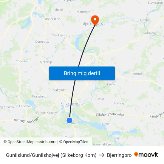 Gunilslund/Gunilshøjvej (Silkeborg Kom) to Bjerringbro map