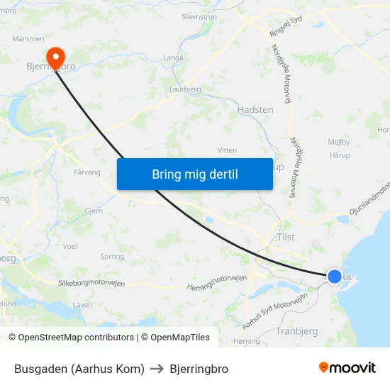 Busgaden (Aarhus Kom) to Bjerringbro map