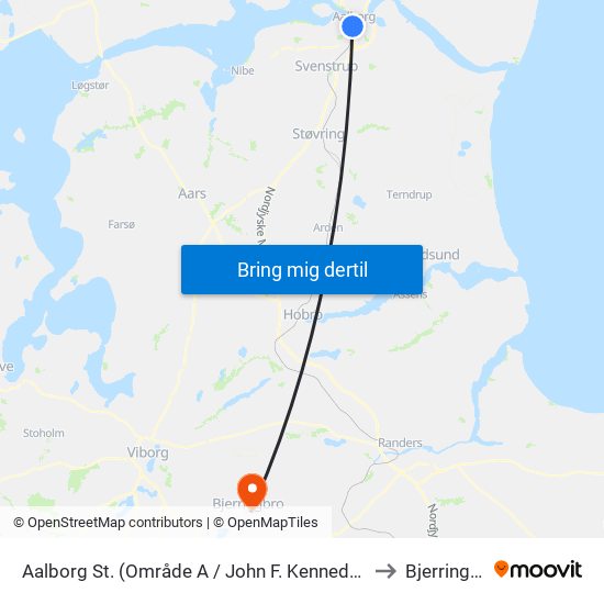 Aalborg St. (Område A / John F. Kennedys Plads) to Bjerringbro map