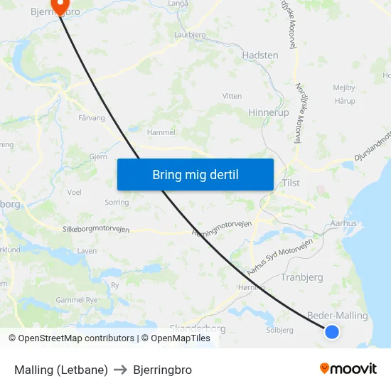 Malling (Letbane) to Bjerringbro map