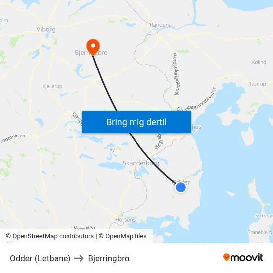 Odder (Letbane) to Bjerringbro map