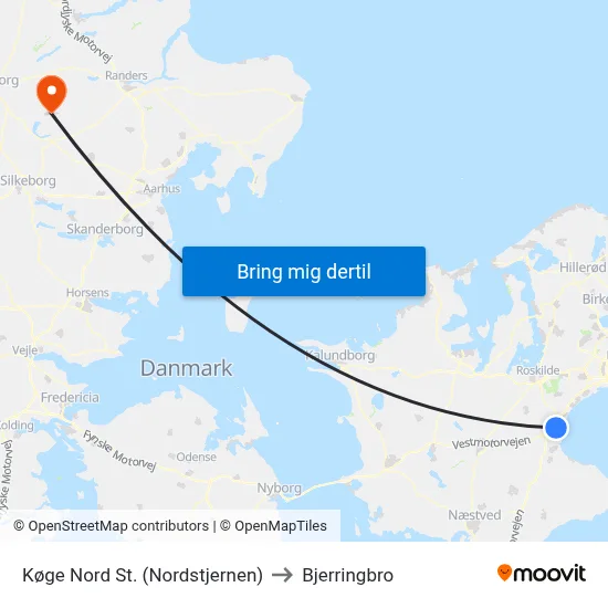 Køge Nord St. (Nordstjernen) to Bjerringbro map