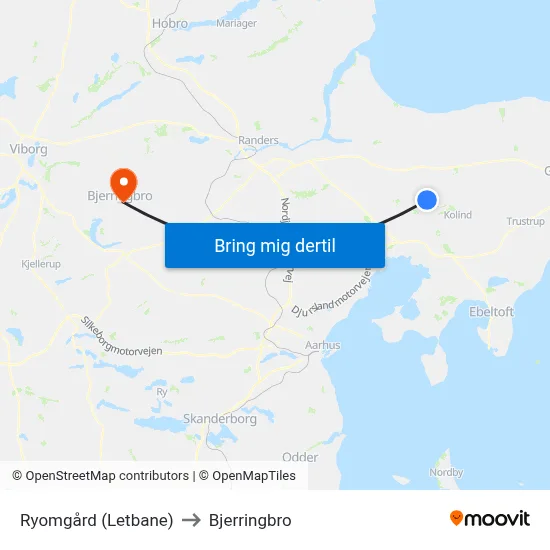 Ryomgård (Letbane) to Bjerringbro map