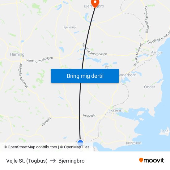 Vejle St. (Togbus) to Bjerringbro map