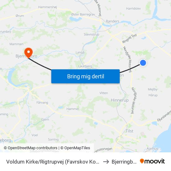 Voldum Kirke/Rigtrupvej (Favrskov Kom) to Bjerringbro map