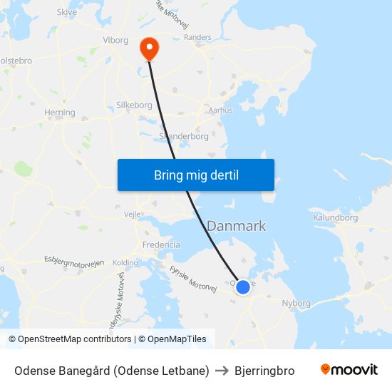 Odense Banegård (Odense Letbane) to Bjerringbro map