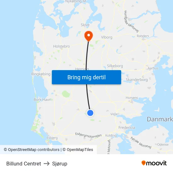 Billund Centret to Sjørup map