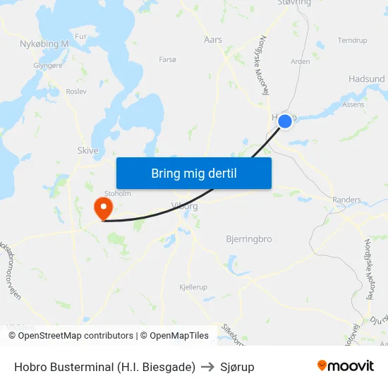 Hobro Busterminal (H.I. Biesgade) to Sjørup map