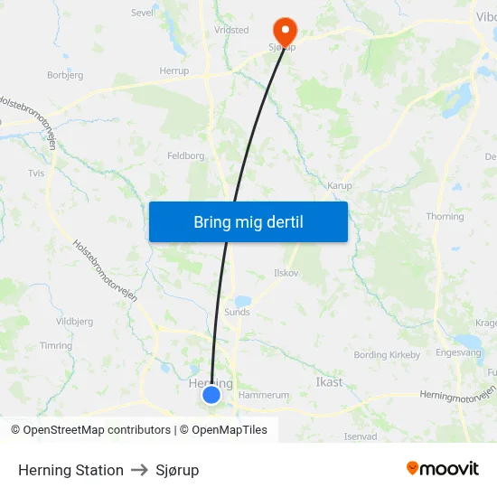 Herning Station to Sjørup map